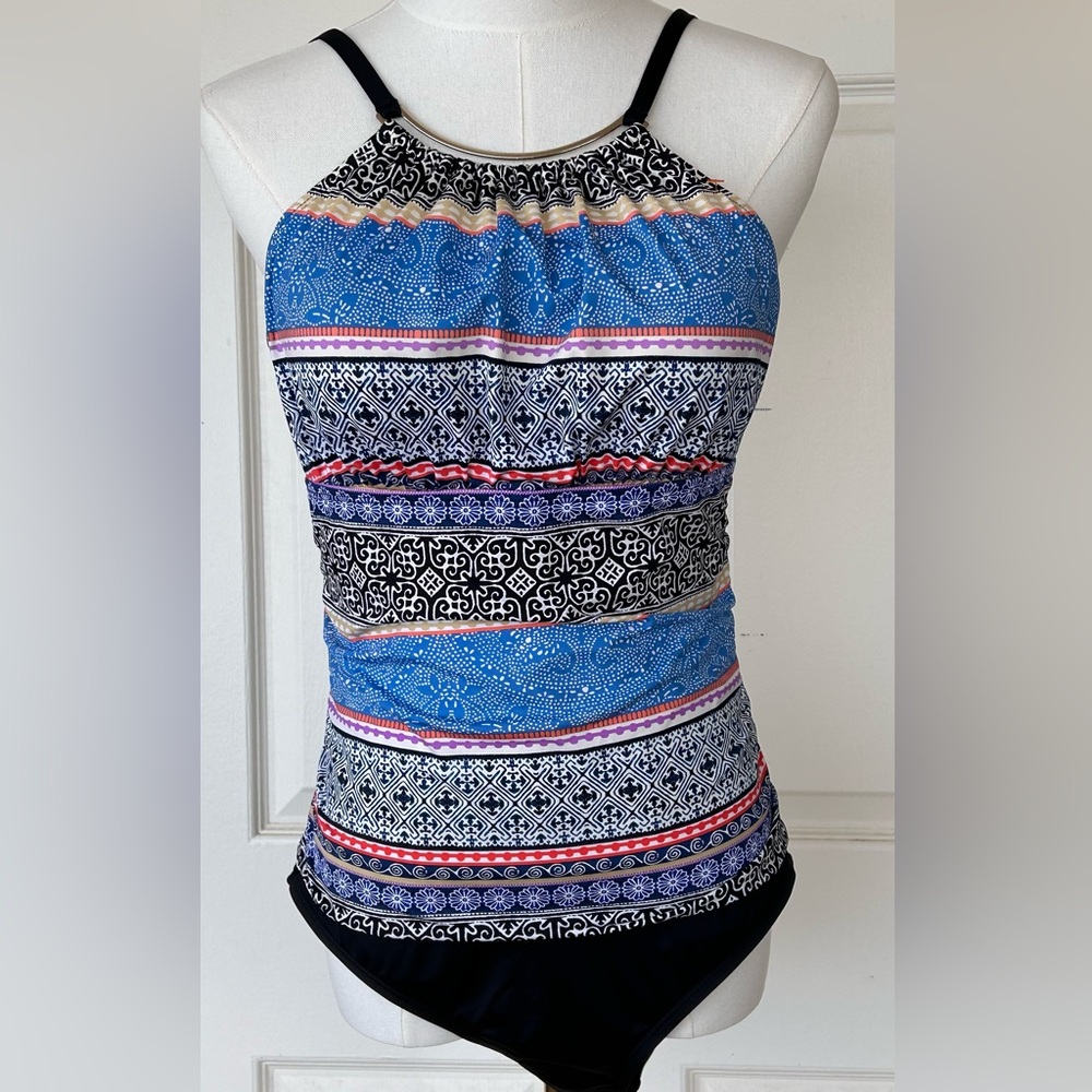 Jantzen Brand One Piece‎ Swim Suit Bloused Top Metallic Details Size 10